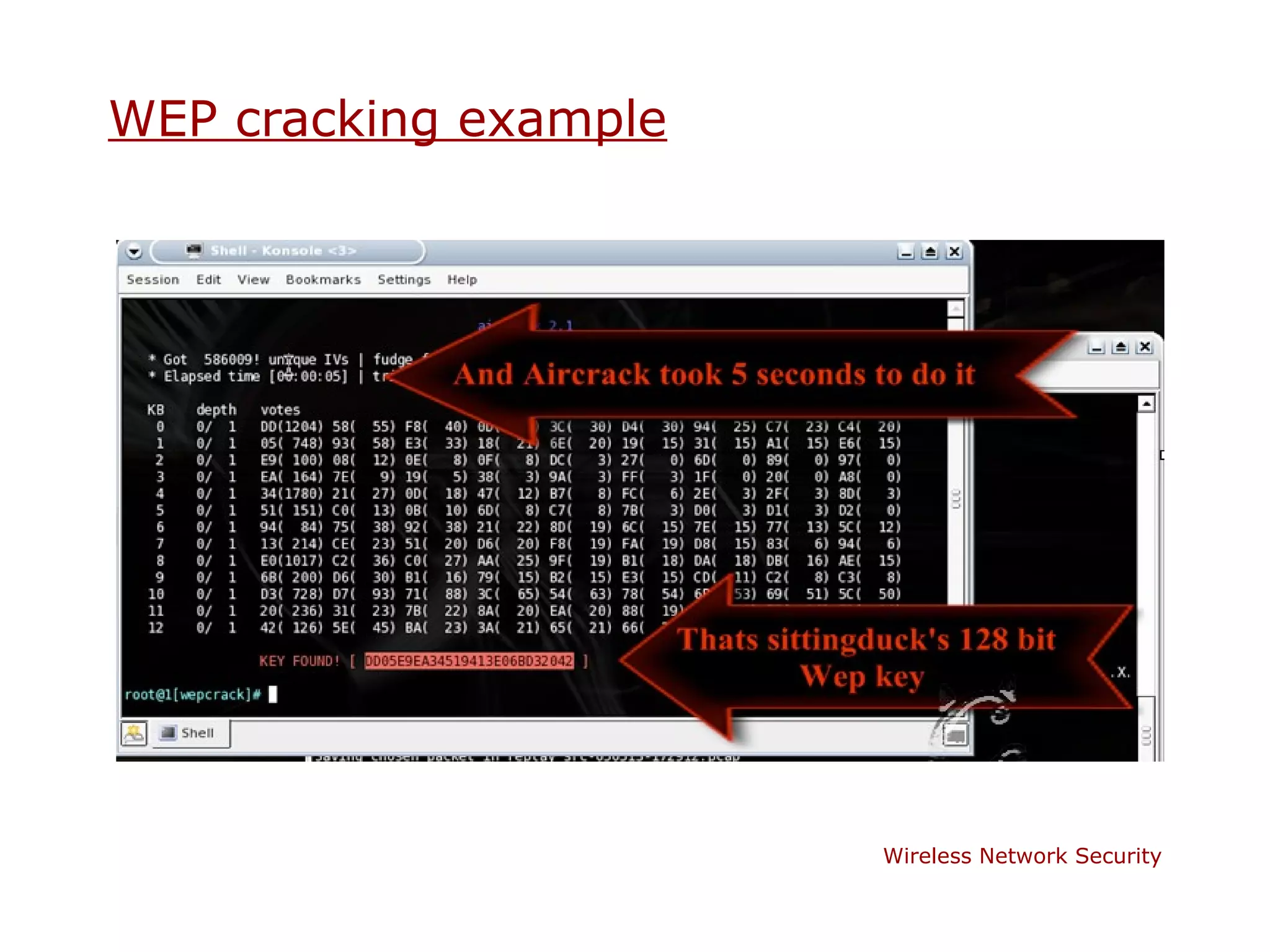 WEP cracking example




                       Wireless Network Security
 