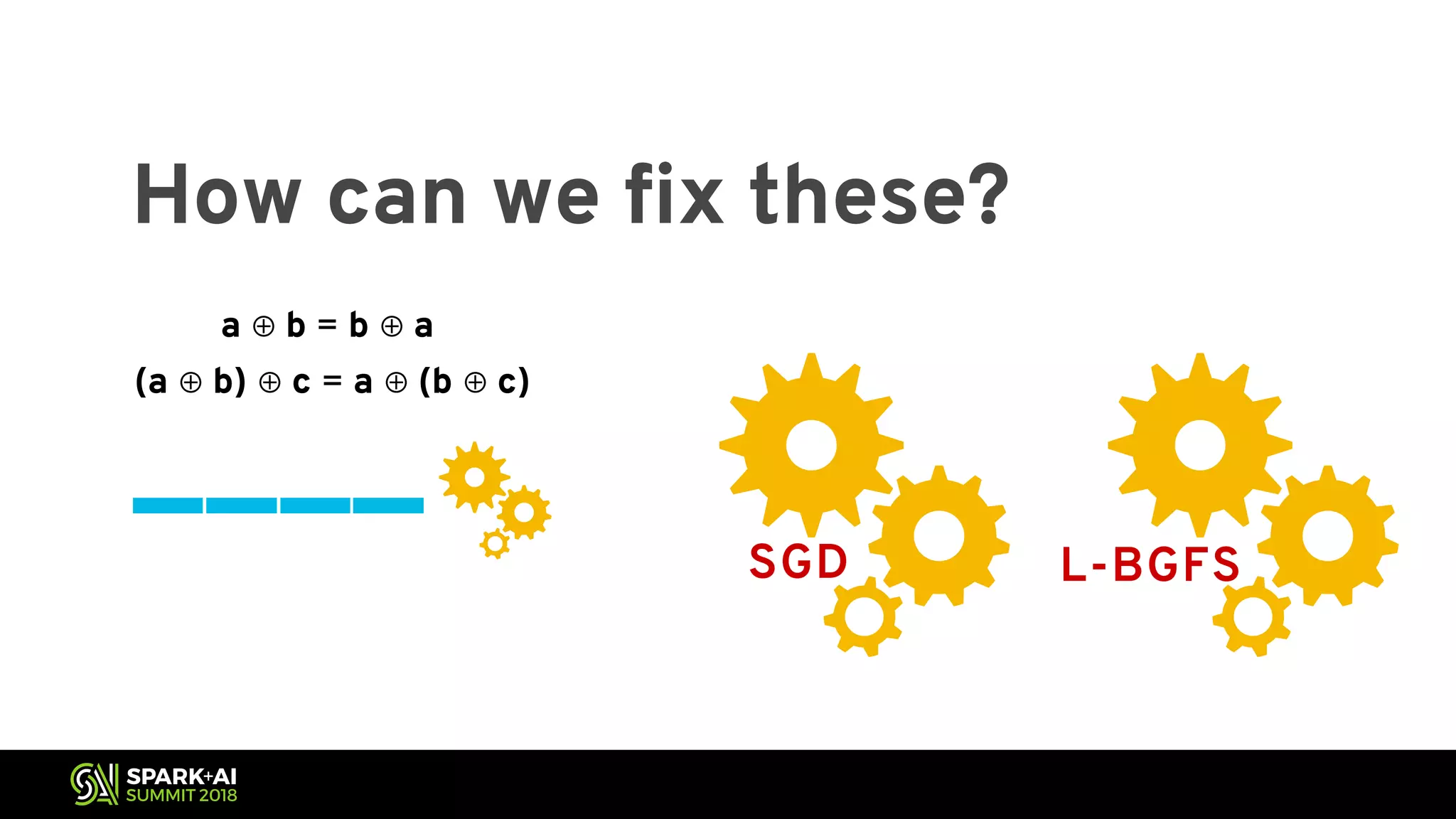 How can we fix these? L-BGFSSGD a ⊕ b = b ⊕ a (a ⊕ b) ⊕ c = a ⊕ (b ⊕ c) 