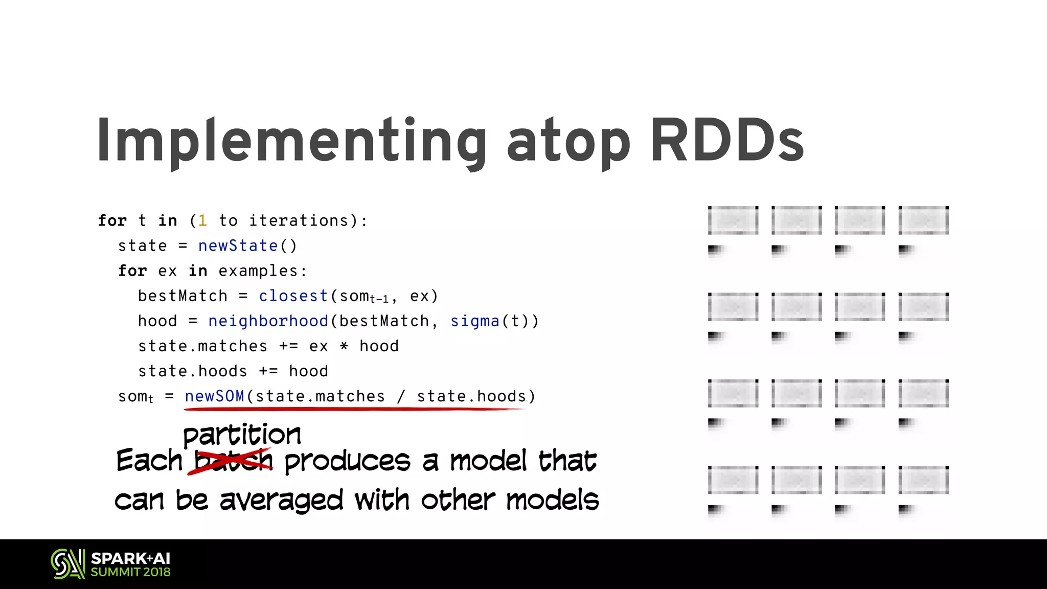 Implementing atop RDDs Each batch produces a model that can be averaged with other models partition for t in (1 to iterations): state = newState() for ex in examples: bestMatch = closest(somt-1, ex) hood = neighborhood(bestMatch, sigma(t)) state.matches += ex * hood state.hoods += hood somt = newSOM(state.matches / state.hoods) 