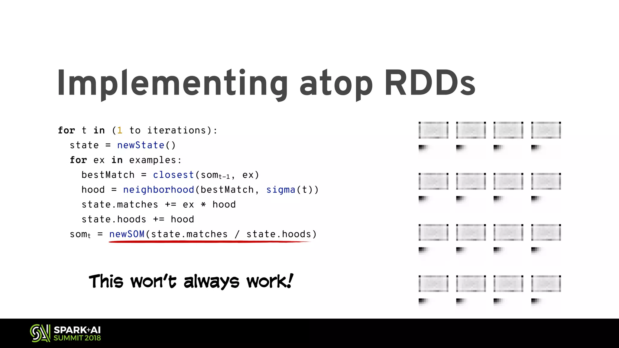 Implementing atop RDDs This won’t always work! for t in (1 to iterations): state = newState() for ex in examples: bestMatch = closest(somt-1, ex) hood = neighborhood(bestMatch, sigma(t)) state.matches += ex * hood state.hoods += hood somt = newSOM(state.matches / state.hoods) 