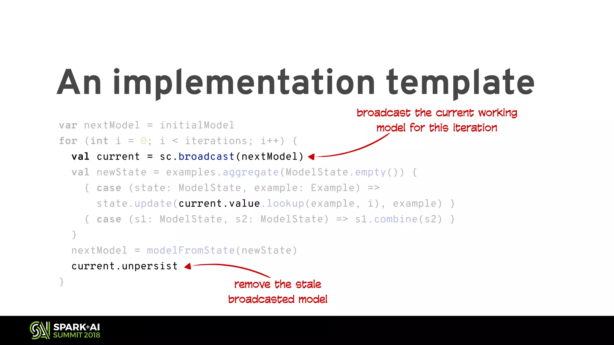 An implementation template var nextModel = initialModel for (int i = 0; i < iterations; i++) { val current = sc.broadcast(nextModel) val newState = examples.aggregate(ModelState.empty()) { { case (state: ModelState, example: Example) => state.update(current.value.lookup(example, i), example) } { case (s1: ModelState, s2: ModelState) => s1.combine(s2) } } nextModel = modelFromState(newState) current.unpersist } var nextModel = initialModel for (int i = 0; i < iterations; i++) { val current = sc.broadcast(nextModel) val newState = examples.aggregate(ModelState.empty()) { { case (state: ModelState, example: Example) => state.update(current.value.lookup(example, i), example) } { case (s1: ModelState, s2: ModelState) => s1.combine(s2) } } nextModel = modelFromState(newState) current.unpersist } remove the stale broadcasted model broadcast the current working model for this iteration 