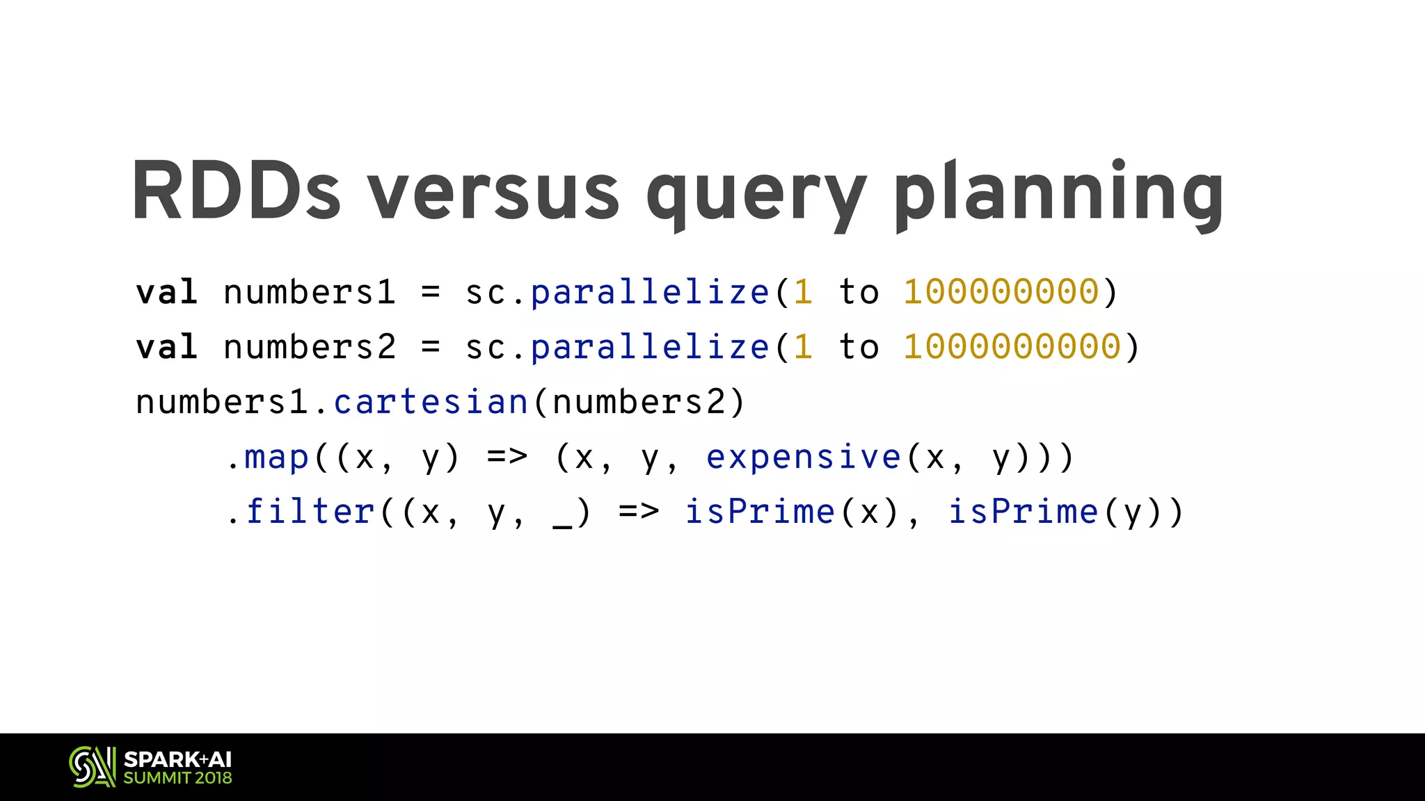 RDDs versus query planning val numbers1 = sc.parallelize(1 to 100000000) val numbers2 = sc.parallelize(1 to 1000000000) numbers1.cartesian(numbers2) .map((x, y) => (x, y, expensive(x, y))) .filter((x, y, _) => isPrime(x), isPrime(y)) 