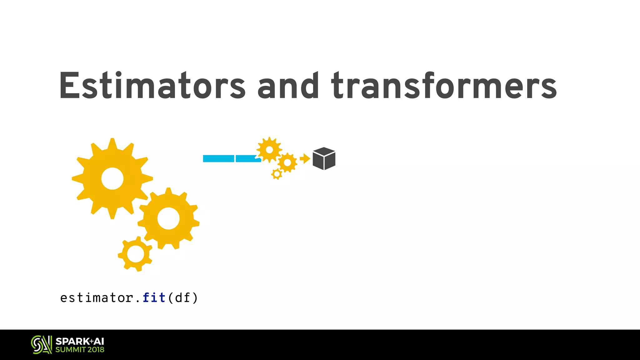 Estimators and transformers estimator.fit(df) 