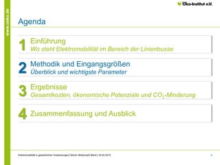 8
www.oeko.de
Agenda
Kapitelüberschrift
Einführung
Wo steht Elektromobilität im Bereich der Linienbusse1
Methodik und Eingangsgrößen
Überblick und wichtigste Parameter2
Ergebnisse
Gesamtkosten, ökonomische Potenziale und CO2-Minderung3
Zusammenfassung und Ausblick4
Elektromobilität in gewerblichen Anwendungen│Moritz Mottschall│Berlin│18.02.2015
 
