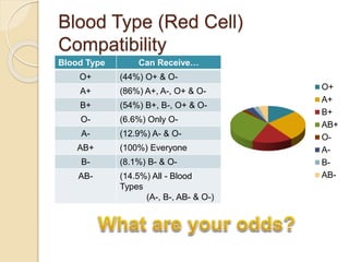Blood Type (Red Cell)
Compatibility
Blood Type Can Receive…
O+ (44%) O+ & O-
A+ (86%) A+, A-, O+ & O-
B+ (54%) B+, B-, O+ & O-
O- (6.6%) Only O-
A- (12.9%) A- & O-
AB+ (100%) Everyone
B- (8.1%) B- & O-
AB- (14.5%) All - Blood
Types
(A-, B-, AB- & O-)
O+
A+
B+
AB+
O-
A-
B-
AB-
 