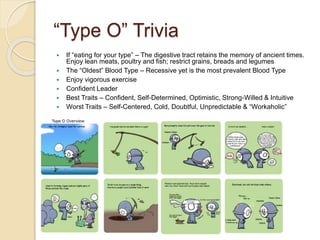 “Type O” Trivia
 If “eating for your type” – The digestive tract retains the memory of ancient times.
Enjoy lean meats, poultry and fish; restrict grains, breads and legumes
 The “Oldest” Blood Type – Recessive yet is the most prevalent Blood Type
 Enjoy vigorous exercise
 Confident Leader
 Best Traits – Confident, Self-Determined, Optimistic, Strong-Willed & Intuitive
 Worst Traits – Self-Centered, Cold, Doubtful, Unpredictable & “Workaholic”
 