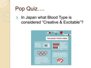Pop Quiz….
3. In Japan what Blood Type is
considered “Creative & Excitable”?
 