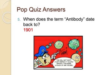 Pop Quiz Answers
5. When does the term “Antibody” date
back to?
1901
 