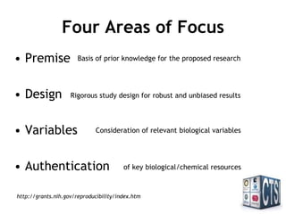 Four Areas of Focus
• Premise
• Design
• Variables
• Authentication
Basis of prior knowledge for the proposed research
Rigorous study design for robust and unbiased results
Consideration of relevant biological variables
of key biological/chemical resources
http://grants.nih.gov/reproducibility/index.htm
 