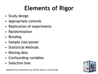 Elements of Rigor
• Study design
• Appropriate controls
• Replication of experiments
• Randomization
• Blinding
• Sample size/power
• Statistical Methods
• Missing data
• Confounding variables
• Selection bias
Adapted from presentation by Jennifer Kemp, U of Colorado
 