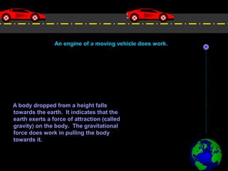 A body dropped from a height falls
towards the earth. It indicates that the
earth exerts a force of attraction (called
gravity) on the body. The gravitational
force does work in pulling the body
towards it.
An engine of a moving vehicle does work.
 