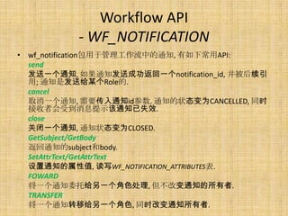 Workflow API
          - WF_NOTIFICATION
• wf_notification包用于管理工作流中的通知, 有如下常用API:
  send
  发送一个通知, 如果通知发送成功返回一个notification_id, 并被后续引
  用; 通知是发送给某个Role的.
  cancel
  取消一个通知, 需要传入通知id参数. 通知的状态变为CANCELLED, 同时
  接收者会受到消息提示该通知已失效.
  close
  关闭一个通知, 通知状态变为CLOSED.
  GetSubject/GetBody
  返回通知的subject和body.
  SetAttrText/GetAttrText
  设置通知的属性值, 读写WF_NOTIFICATION_ATTRIBUTES表.
  FOWARD
  将一个通知委托给另一个角色处理, 但不改变通知的所有者.
  TRANSFER
  将一个通知转移给另一个角色, 同时改变通知所有者.
 