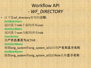 Workflow API
              - WF_DIRECTORY
• 以下是wf_directory常用的过程:
  GetRoleUsers
  返回某个role下面的所有user
  GetUserRoles
  返回某个user分配的所有role
  UserActive
  用户状态是否为ACTIVE
  GetUserName
  根据orig_system和orig_system_id返回用户名和显示名称
  GetRoleName
  根据orig_system和orig_system_id返回Role名和显示名称
 