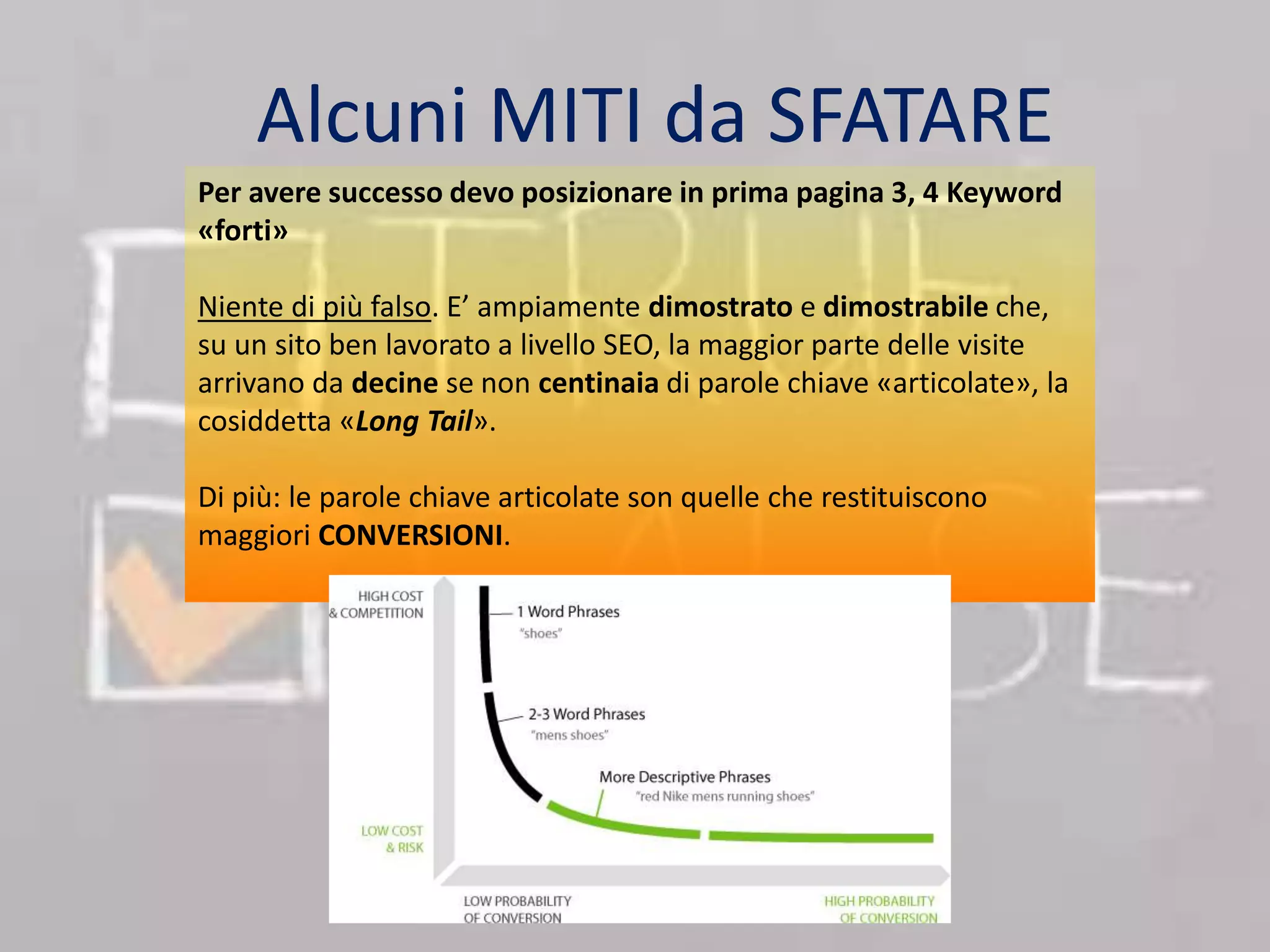 Alcuni MITI da SFATARE 
Per avere successo devo posizionare in prima pagina 3, 4 Keyword 
«forti» 
Niente di più falso. E’ ampiamente dimostrato e dimostrabile che, 
su un sito ben lavorato a livello SEO, la maggior parte delle visite 
arrivano da decine se non centinaia di parole chiave «articolate», la 
cosiddetta «Long Tail». 
Di più: le parole chiave articolate son quelle che restituiscono 
maggiori CONVERSIONI. 
 