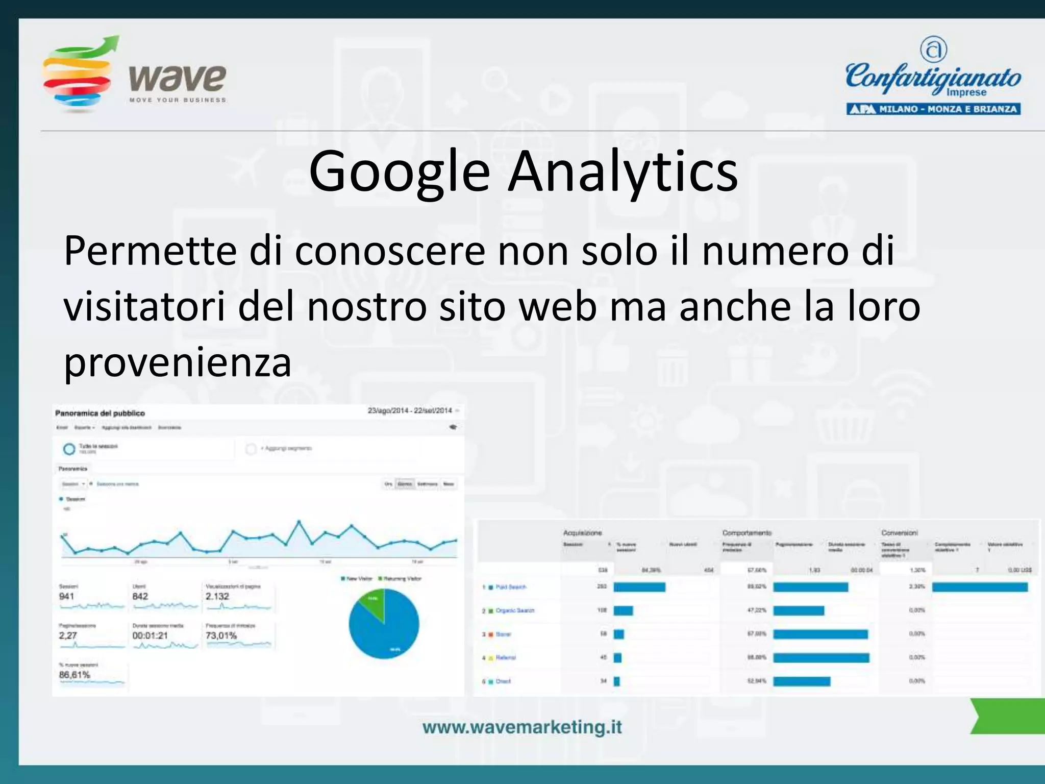 Google Analytics 
Permette di conoscere non solo il numero di 
visitatori del nostro sito web ma anche la loro 
provenienza 
 