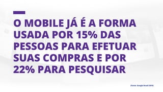 O mobile já é a forma
usada por 15% das
pessoas para efetuar
suas compras e por
22% para pesquisar
(Fonte: Google Brasil 2016)
 