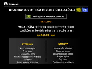 REQUISITOS DOS SISTEMAS DE COBERTURA ECOLÓGICA

                       VEGETAÇÃO – PLANTAS SELECCIONADAS

                               OBJECTIVO

       VEGETAÇÃO adequada para desenvolver-se em
        condições ambientais extremas nas coberturas
                           CARACTERÍSTICAS



           EXTENSIVO                             INTENSIVO
         Baixa manutenção                   Manutenção intensiva
             Porte baixo                       Diferentes portes
         Resistente à seca                 Baixa resistência à seca
   Mínimas necessidades hídricas                 Rega o Algibe
              Tapizante                            Tapizante
      Esteticamente aceitáveis             Esteticamente aceitáveis
 