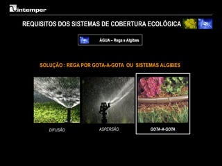 REQUISITOS DOS SISTEMAS DE COBERTURA ECOLÓGICA

                          ÁGUA – Rega e Algibes




     SOLUÇÃO : REGA POR GOTA-A-GOTA OU SISTEMAS ALGIBES




        DIFUSÃO           ASPERSÃO                GOTA-A-GOTA
 