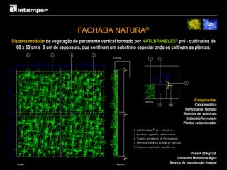 FACHADA NATURA®
Sistema modular de vegetação de paramento vertical formado por NATURPANELES® pré - cultivados de
  60 x 60 cm e 9 cm de espessura, que confinam um substrato especial onde se cultivam as plantas.




                                                                                          •Componentes:
                                                                                           Caixa metálica
                                                                                    Perfilaria de fachada
                                                                                   Retentor de substrato
                                                                                     Substrato formulado
                                                                                   Plantas seleccionadas




                                                                                        Peso = 30 kg/ Ud.
                                                                                Consumo Mínimo de Agua
                                                                           Serviço de manutenção integral
 