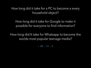– 3 0 - 1 5 - 5
How long did it take for a PC to become a every
household object?

How long did it take for Google to make it
possible for everyone to find information?

How long did It take for Whatsapp to become the
worlds most popular teenage media?
 