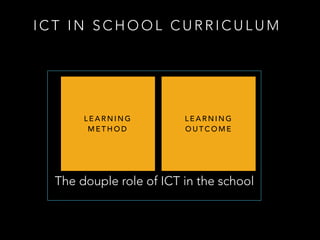 I C T I N S C H O O L C U R R I C U L U M
L E A R N I N G
O U T C O M E
L E A R N I N G
M E T H O D
The douple role of ICT in the school
 