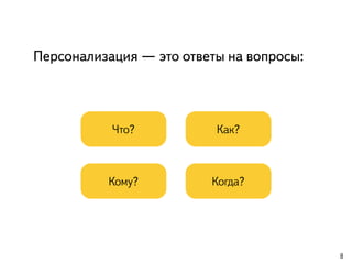 Персонализация — это ответы на вопросы:
8
Что?
Кому?
Как?
Когда?
 