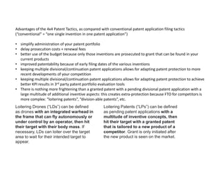 Advantages of the 4x4 Patent Tactics, as compared with conventional patent application filing tactics
(“conventional” = “one single invention in one patent application”)
• simplify administration of your patent portfolio
• delay prosecution costs + renewal fees
• better use of the budget because only those inventions are prosecuted to grant that can be found in your
current products
• improved patentability because of early filing dates of the various inventions
• keeping multiple divisional/continuation patent applications allows for adapting patent protection to more
recent developments of your competition
• keeping multiple divisional/continuation patent applications allows for adapting patent protection to achieve
better KPI results in 3rd party patent portfolio evaluation tools
• There is nothing more frightening than a granted patent with a pending divisional patent application with a
large multitude of additional inventive aspects: this creates extra-protection because FTO for competitors is
more complex: “loitering patents”, “division-able patents”, etc.
Loitering Drones (“LDs”) can be defined
as drones with an integrated warhead in
the frame that can fly autonomously or
under control by an operator, then hit
their target with their body mass. If
necessary, LDs can loiter over the target
area to wait for their intended target to
appear.
Loitering Patents (“LPs”) can be defined
as pending patent applications with a
multitude of inventive concepts, then
hit their target with a granted patent
that is tailored to a new product of a
competitor. Grant is only initiated after
the new product is seen on the market.
 