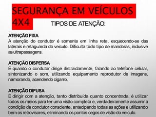 TIPOS DE ATENÇÃO:
ATENÇÃOFIXA
A atenção do condutor é somente em linha reta, esquecendo-se das
laterais e retaguarda do veiculo. Dificulta todo tipo de manobras, inclusive
asultrapassagens.
ATENÇÃODISPERSA
É quando o condutor dirige distraidamente, falando ao telefone celular,
sintonizando o som, utilizando equipamento reprodutor de imagens,
namorando, acendendocigarro.
ATENÇÃODIFUSA
É dirigir com a atenção, tanto distribuída quanto concentrada, é utilizar
todos os meios para ter uma visão completa e, verdadeiramente assumir a
condição de condutor consciente, antecipando todas as ações e utilizando
bem os retrovisores, eliminando ospontos cegosde visão do veiculo.
SEGURANÇA EM VEÍCULOS
4X4
 
