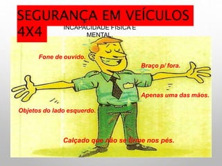 Braço p/ fora.
Apenas uma das mãos.
Fone de ouvido.
INCAPACIDADE FÍSICA E
MENTAL.
Objetos do lado esquerdo.
Calçado que não se firme nos pés.
SEGURANÇA EM VEÍCULOS
4X4
 