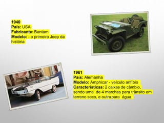 1940
País: USA
Fabricante: Bantam
Modelo: - o primeiro Jeep da
história
1961
País: Alemanha
Modelo: Amphicar - veículo anfíbio
Características: 2 caixas de câmbio,
sendo uma de 4 marchas para trânsito em
terreno seco, e outrapara água.
 