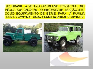 NO BRASIL, A WILLYS OVERLAND FORNECEU, NO
INÍCIO DOS ANOS 60, O SISTEMA DE TRAÇÃO 4×4,
COMO EQUIPAMENTO DE SÉRIE, PARA A FAMÍLIA
JEEP E OPCIONAL PARA A FAMÍLIA RURAL E PICK-UP.
 