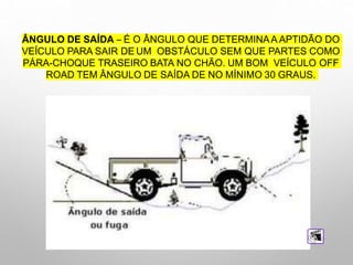 ÂNGULO DE SAÍDA – É O ÂNGULO QUE DETERMINAA APTIDÃO DO
VEÍCULO PARA SAIR DE UM OBSTÁCULO SEM QUE PARTES COMO
PÁRA-CHOQUE TRASEIRO BATA NO CHÃO. UM BOM VEÍCULO OFF
ROAD TEM ÂNGULO DE SAÍDA DE NO MÍNIMO 30 GRAUS.
 