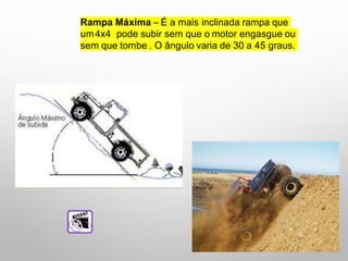 Rampa Máxima – É a mais inclinada rampa que
um4x4 pode subir sem que o motor engasgue ou
sem que tombe . O ângulo varia de 30 a 45 graus.
 