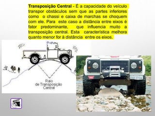 Transposição Central - É a capacidade do veículo
transpor obstáculos sem que as partes inferiores
como o chassi e caixa de marchas se choquem
com ele. Para este caso a distância entre eixos é
fator predominante, que influencia muito a
transposição central. Esta característica melhora
quanto menor for à distância entre os eixos.
 