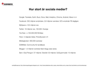 Hur stort är sociala medier?

               Google: Translate, Earth, Buzz, Docs, Mail, Analytics, Chrome, Android, Wave m.m

               Facebook: 500 miljoner användare. 3,8 miljoner svenskar. 50% använder FB dagligen.

               MySpace +125 miljoner ww

               Twitter: 18 miljoner ww, 100.000 i Sverige

               YouTube: ++100.000.000 ﬁlmklipp

               Flickr: 4 miljarder bilder, PhotoBucket m ﬂ

               Bilddagboken: 900.000 svenskar

               SOMWeb: Community för tandläkare

               Bloggar: 1,5 miljoner svenskar läser blogg varje vecka

               Barn: Club Penguin: 57 miljoner. Stardoll: 50 miljoner. GoSupermodel: 10 miljoner.




annika@mayer.se. http://silvermayerbloggen.blogspot.com/, http://www.slideshare.net/a_mayer, www.twitter.com/a_mayer http://se.linkedin.com/in/annikamayer
 