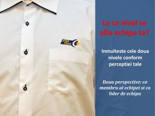 La ce nivel se
afla echipa ta?
Inmulteste cele doua
nivele conform
perceptiei tale
Doua perspective: ca
membru al echipei si ca
lider de echipa

 