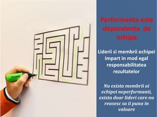 Performanta este
dependenta de
echipa
Liderii si membrii echipei
impart in mod egal
responsabilitatea
rezultatelor
Nu exista membrii ai
echipei neperformanti,
exista doar lideri care nu
reusesc sa ii puna in
valoare

 