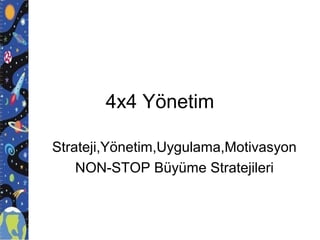 4x4 Yönetim
Strateji,Yönetim,Uygulama,Motivasyon
NON-STOP Büyüme Stratejileri
 