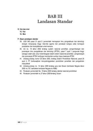 102 | P a g e
O. Visi dan misi
15. Visi
16. Misi
P. Dasar penetapan standar
39. UUD 945 pasal 31 ayat 5: pemerintah memajukan ilmu pengetahuan dan teknologi
dengan menjunjung tinggi nilai-nilai agama dan persatuan bangsa untuk kemajuan
peradaban dan kesejahteraan umat manusia.
40. UU no. 18 tahun 2002 tentang system nasional penelitian, pengembangan dan
penerapan ilmu pengetahuan dan teknologi (IPTEK), pasal 7 ayat 1: perguruan tinggi
sebagai salah satu unsur kelembagaan dalam sistem naasional penelitian, pengebangan
dan penerapan IPTEK berfungsi membentuk sumber daya maanusia IPTEK
41. Undang-undang nomor 20 tahun 2003, tentang Sistem Pendidikan Nasional, pasal 20
ayat 2; PT berkewajiban menyelenggarakan pendidikan penelitian dan pengabdian
masyarakat
42. Undang-undang no. 14 tahun 2005 tentang guru dan Dosen (lembaran Negara tahun
2005 no.157, tambahan lembaran Negara no.4586)
43. Peraturan pemerintah No. 19 tahun 2005 tentang standar nasional pendidikan
44. Peraturan pemerintah no.37 tahun 2009 tentang dosen
BAB III
Landasan Standar
 