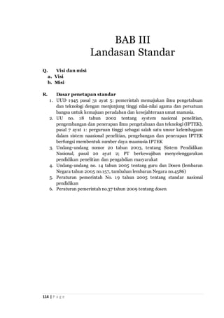 114 | P a g e
Q. Visi dan misi
a. Visi
b. Misi
R. Dasar penetapan standar
1. UUD 1945 pasal 31 ayat 5: pemerintah memajukan ilmu pengetahuan
dan teknologi dengan menjunjung tinggi nilai-nilai agama dan persatuan
bangsa untuk kemajuan peradaban dan kesejahteraan umat manusia.
2. UU no. 18 tahun 2002 tentang system nasional penelitian,
pengembangan dan penerapan ilmu pengetahuan dan teknologi (IPTEK),
pasal 7 ayat 1: perguruan tinggi sebagai salah satu unsur kelembagaan
dalam sistem naasional penelitian, pengebangan dan penerapan IPTEK
berfungsi membentuk sumber daya maanusia IPTEK
3. Undang-undang nomor 20 tahun 2003, tentang Sistem Pendidikan
Nasional, pasal 20 ayat 2; PT berkewajiban menyelenggarakan
pendidikan penelitian dan pengabdian masyarakat
4. Undang-undang no. 14 tahun 2005 tentang guru dan Dosen (lembaran
Negara tahun 2005 no.157, tambahan lembaran Negara no.4586)
5. Peraturan pemerintah No. 19 tahun 2005 tentang standar nasional
pendidikan
6. Peraturan pemerintah no.37 tahun 2009 tentang dosen
BAB III
Landasan Standar
 