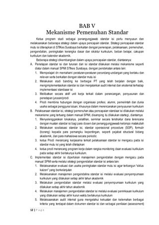 12 | P a g e
BAB V
Mekanisme Pemenuhan Standar
Ketua program studi sebagai penangungjawab standar isi perlu menyusun dan
melaksanakan beberapa strategi dalam upaya pencapain standar. Strategi pencapaian standar
mutu isi diterapkan di STIKes Surabaya berkaitan dengan penerapan, pelaksanaan, pemenuhan,
pengendalian, peningkatan kerangka dasar dan struktur kurikulum, beban belajar, cakupan
kurikulum dan kalender akademik.
Beberapa strategi dikembangkan dalam upaya pencapaian standar, diantaranya:
A. Penetapan standar isi dan turunan dari isi standar dilakukan melalui mekanisme seperti
diatur dalam manual SPMI STIkes Surabaya, dengan pendekatan antara lain:
1. Mempelajari dn memahami peraturan-peraturan perundang-undangan yang berlaku dan
relevan serta berkaitan dengan standar mutu isi
2. Melakukan studi banding ke berbegai PT yang telah berjalan dengan baik,
mengimplementasikan standar isi dan menjalankan audit internal dan eksternal terhadap
implementaasi standaaar isi
3. Melibatkan secara aktif unit kerja terkait dalam perancangan, penyusunan dan
penetapan jurusan/prodi
4. Prodi membina hubungan dengan organisasi profesi, alumni, pemerintah dan dunia
usaha sebagai pengguna luluan, khusunya dalam merencanakan penyusunan kurikulum
B. Pelaksanaan standar isi, strategi pemenuhan atau pencapaian standaar isi dilakukan melalui
mekanisme yang tertuang dalam manual SPMI, disamping itu dilakukan startegi, diantarnya:
1. Menyelenggarakan lokakarya, pelatihan, seminar secara terstruktur dana terencana
dengan muatan standar isi bagi para dosen dan penanggungjawaab kelompo matakuliah
2. Melakukan sosilaisasi standar isi, standar operasional procedure (SOP), formulir
(borang) kepada para pemangku kepentingan, seperti pejabat structural bidang
akademik, dan para mahasiswa secara periodic
3. ketua Prodi merancang kerjasama terkait pelaksanaan standar isi mengacu pada isi
standar mutu isi yang telah ditetapkan
4. ketua prodi merancang program kerja dalam rangka monitoring daan evaluasi kurikulum
pada setiap akhir berlakunya kurikulum.
C. Implementasi standar isi diperlukan manajemen pengendalian dengan mengacu pada
manual SPMI serta melalui strategi pengendalian standar isi antara lain:
1. Melaksanakan evaluasi dan usaha peningkatan standar mutu isi agar terbangun “siklus
kaizen” yang berkelanjutan
2. Melaksanakan manajemen pengendalina standar isi melalui evaluasi penyempurnaan
kurikulum yang dilakukan setiap akhir tahun akademik
3. Melakukan pengendalian standar melalui evaluasi penyempurnaan kurikulum yang
dilakukan setiap akhir tahun akademik
4. Melakukan manajemen pengendalian standar isi melalui evaluasi peninkauan kurikulum
yang dilakukan setiap akhir kurun waktu berlakunya kurikulum
5. Melaksaanakan audit internal guna mengetahui kekuatan dan kelemahan berbagai
kriteria yang terdapat dalam dokumen standar isi dan sebagai penilaian (assessment)
 