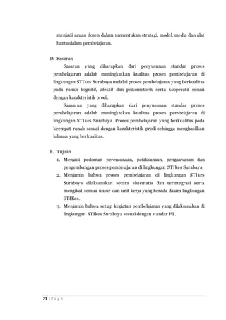 21 | P a g e
menjadi acuan dosen dalam menentukan strategi, model, media dan alat
bantu dalam pembelajaran.
D. Sasaran
Sasaran yang diharapkan dari penyusunan standar proses
pembelajaran adalah meningkatkan kualitas proses pembelajaran di
lingkungan STIkes Surabaya melalui proses pembelajaran yang berkualitas
pada ranah kognitif, afektif dan psikomotorik serta kooperatif sesuai
dengan karakteristik prodi.
Saasaran yang diharapkan dari penyusunan standar proses
pembelajaran adalah meningkatkan kualitas proses pembelajaran di
lingkungan STIkes Surabaya. Proses pembelajaran yang berkualitas pada
keempat ranah sesuai dengan karakteristik prodi sehingga menghasilkan
lulusan yang berkualitas.
E. Tujuan
1. Menjadi pedoman perencanaan, pelaksanaan, pengaawasan dan
pengembangan proses pembelajaran di lingkungan STIkes Surabaya
2. Menjamin bahwa proses pembelajaran di lingkungan STIkes
Surabaya dilaksanakan secara sistematis dan terintegrasi serta
mengikat semua unsur dan unit kerja yang berada dalam lingkungan
STIKes.
3. Menjamin bahwa setiap kegiatan pembelajaran yang dilaksanakan di
lingkungan STIkes Surabaya sesuai dengan standar PT.
 