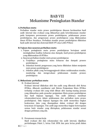 31 | P a g e
A.Perbaikan mutu
Perbaikan standar mutu proses pembelajaran disusun berdasarkan hasil
audit internal dan evaluasi yang didasarkan pada keterlaksanaan standar
pada komponen perencanaan proses pembelajaran, pelaksanaan proses
pembelajaran, dan pengawasan proses pembelajaran yang dilaksanakan
dosen STIkes Surabaya. Perbaikan standar proses pembelajaran dilakukan
hasil audit internal dan eksternal (BAN-PT atau LAM-PTKes)
B.Tujuan dan sasaran perbaikan mutu
1. Tujuan peningkatan mutu proses pembelajaran bertujuan untuk
meningkatkan kualitas keluaran atau dampak, hasil proses pembelajaran
yang dilaksanakan di STIKes.
2. Sasaran perbaikan standar mutu proses pembelajaran
a. Terjadinya peningkatan mutu keluaran dan dampak prosses
pembelajaran
b. Jelasskan bentuk pengawasan yang harus dilakukan dalam menjamin
mutu proses pembelajaran
c. Jelaskan pihak yang bertanggungjawab dalam melaksanakan standar,
monitoring dan mengevaluasi pelaksanaan standar prosses
pembelajaran
C.Mekanisme perbaikan mutu
D. Evaluasi internal
Evaluasi internal dilakukan oleh tim audit yang dibentuk oleh Ketua
STIKes, dibawah coordinator unit Sistem Penjaminan Mutu STIKes
terhadap evaluasi diri yang telah dibuat oleh masing-masing jurusan
yang didasarkan pada prosedur penjaminan Mutu proses pembelajaran
dan hasil tinjauan lapangan. Tim audit akhirnya membuat
rekomendasi/saran dalam pelaksanaan dan perbaikan mutu proses
pembelajaran. Dala tinjauan lapangan tim audit memeriksa tingkat
keakuratan data yang disampaikan dalam evaluasi diri dengan
kenyataan di lapangan. Tim audit juga memeriksa tingkat ketercapaian
semua butir standar yang ditetapkan, pelaksanaan standar sesuai
dengan pedoman yang ada.
E. Perumusan rencana kerja
Hasil evaluasi diri dan rekomendasi tim audit internal, dijadikan
pertimbangan Puket I, ketua Unit SPM dan para ketua prodi dalam
BAB VII
Mekanisme Peningkatan Standar
 