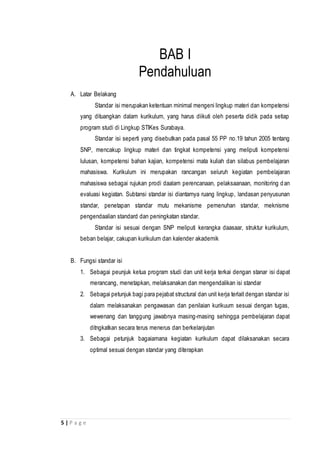 5 | P a g e
BAB I
Pendahuluan
A. Latar Belakang
Standar isi merupakan ketentuan minimal mengeni lingkup materi dan kompetensi
yang dituangkan dalam kurikulum, yang harus diikuti oleh peserta didik pada setiap
program studi di Lingkup STIKes Surabaya.
Standar isi seperti yang disebutkan pada pasal 55 PP no.19 tahun 2005 tentang
SNP, mencakup lingkup materi dan tingkat kompetensi yang meliputi kompetensi
lulusan, kompetensi bahan kajian, kompetensi mata kuliah dan silabus pembelajaran
mahasiswa. Kurikulum ini merupakan rancangan seluruh kegiatan pembelajaran
mahasiswa sebagai rujukan prodi daalam perencanaan, pelaksaanaan, monitoring dan
evaluasi kegiatan. Subtansi standar isi diantarnya ruang lingkup, landasan penyusunan
standar, penetapan standar mutu mekanisme pemenuhan standar, meknisme
pengendaalian standard dan peningkatan standar.
Standar isi sesuai dengan SNP meliputi kerangka daasaar, struktur kurikulum,
beban belajar, cakupan kurikulum dan kalender akademik
B. Fungsi standar isi
1. Sebagai peunjuk ketua program studi dan unit kerja terkai dengan stanar isi dapat
merancang, menetapkan, melaksanakan dan mengendalikan isi standar
2. Sebagai petunjuk bagi para pejabat structural dan unit kerja terlait dengan standar isi
dalam melaksanakan pengawasan dan penilaian kurikuum sesuai dengan tugas,
wewenang dan tanggung jawabnya masing-masing sehingga pembelajaran dapat
ditngkatkan secara terus menerus dan berkelanjutan
3. Sebagai petunjuk bagaiamana kegiatan kurikulum dapat dilaksanakan secara
optimal sesuai dengan standar yang diterapkan
 