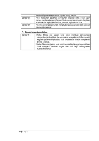 52 | P a g e
membuat laporan kinerja sesuai tupoksi setiap triwulan
Standar 3.8 Prodi melakukan pelatihan penyusunan proposal untuk dosen agar
mampu mendapatkan penghargaan hibah, pendanaan program, kegiatan
akademik dari tingkat Internasional, nasiona, regional dan local
Standar 3.9 Prodi mendorong dosen untuk mengikuti organisasi profesi baik nasional
maupun internasional
P. Standar tenaga kependidikan
Standar 4.1 1.Ketua Stikes dan jajaran serta prodi membuat perencanaan
pengembangan kualifikasi dan kompetensi tenaga kependidikan melalui
kegiatan pelatihan singkat atau studi lanjut sesuai dengan kompetensi
bidang kerjanya.
2.Ketua Stikes dan jajaran serta prodi memfasilitasi tenaga kependidikan
untuk mengikuti pelatihan singkat atau studi lanjut meningkatkan
kualitas kinerjanya.
 