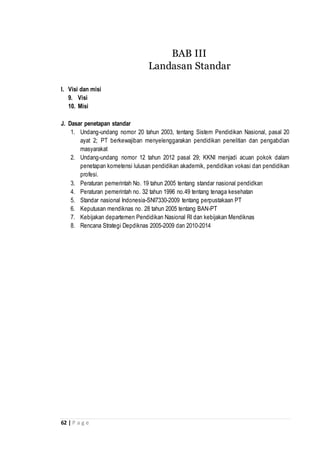 62 | P a g e
I. Visi dan misi
9. Visi
10. Misi
J. Dasar penetapan standar
1. Undang-undang nomor 20 tahun 2003, tentang Sistem Pendidikan Nasional, pasal 20
ayat 2; PT berkewajiban menyelenggarakan pendidikan penelitian dan pengabdian
masyarakat
2. Undang-undang nomor 12 tahun 2012 pasal 29; KKNI menjadi acuan pokok dalam
penetapan kometensi lulusan pendidikan akademik, pendidikan vokasi dan pendidikan
profesi.
3. Peraturan pemerintah No. 19 tahun 2005 tentang standar nasional pendidkan
4. Peraturan pemerintah no. 32 tahun 1996 no.49 tentang tenaga kesehatan
5. Standar nasional Indonesia-SNI7330-2009 tentang perpustakaan PT
6. Keputusan mendiknas no. 28 tahun 2005 tentang BAN-PT
7. Kebijakan departemen Pendidikan Nasional RI dan kebijakan Mendiknas
8. Rencana Strategi Depdiknas 2005-2009 dan 2010-2014
BAB III
Landasan Standar
 