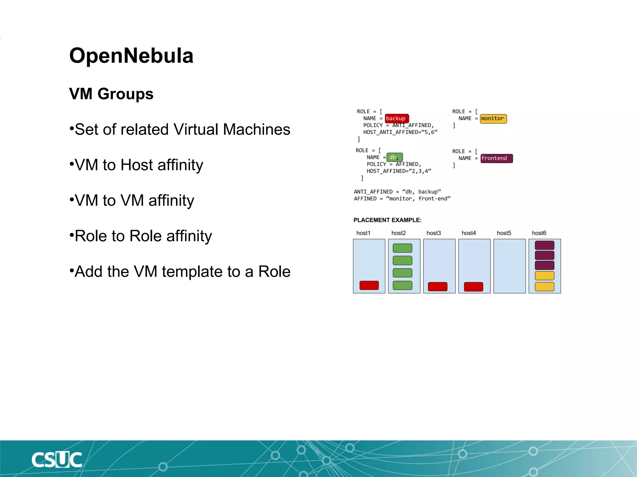 OpenNebula
VM Groups
•Set of related Virtual Machines
•VM to Host affinity
•VM to VM affinity
•Role to Role affinity
•Add the VM template to a Role