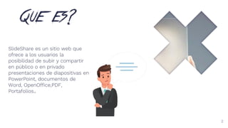 Que es?
SlideShare es un sitio web que
ofrece a los usuarios la
posibilidad de subir y compartir
en público o en privado
presentaciones de diapositivas en
PowerPoint, documentos de
Word, OpenOffice,PDF,
Portafolios..
2