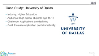 #ibmamplify
© 2015 IBM Corporation
• Industry: Higher Education
• Audience: High school students age 15-18
• Challenge: Applications are declining
• Goal: Increase application pool dramatically
29
Case Study: University of Dallas
 