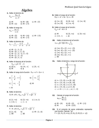 Profesor: José García López

Algebra
1. Hallar el dominio de:
8. Hallar el rango de la función:
F(x) = -x2 + 2x - 5; x  IR

7x  3

F( x) 

x7

a) IR
d) IR - {1}

b) IR - {8}
e) IR - {-7}

5x  3
x6

a) IR - {5}
d) IR - {1}

b) IR - {-6}
e) IR - {-7}

d)  ; 5]
10.

a)
b)
c)
d)
e)

-

3
1
3
3
3

;
;
;
;
;

Hallar el dominio de la función:

f ( x)  (x  2)( x  5) 

2
x2
5
 2
 2
x 1
x 9
x 4

;
;
;
;
;

3
x3

-; -5]  [2 ; + - {3}
-; -4  [4 ; + - {5}
-; -5]  3 ; +
-; -5]  [2 ; +
e) IR
a)
b)
c)
d)

2}
2 ; 3}
-3 ; 2 ; -2}
-3}
1}



11.

4. Hallar el dominio de la función:

Hallar el dominio y rango de la función:
y

F(x)  x  6  3

a) [6;+[
d) IR

c) [4; +

e) 



f( x ) 

{1
{0
{1
{1
{0

c) -; -6]

b) [5; +

a) IR

c) IR - {-5}

3. Hallar el dominio de:

IR
IR
IR
IR
IR

b) [6; +
e) -; -4]

9. Hallar el rango de la función:
F(x) = x2 - 4x + 9

2. Hallar el rango de:
G( x) 

a) - ; 6]
d) -; 10]

c) IR - {7}

b) [-6 ; +[
e) 

10

c) [0 ; +[

8

5. Hallar el rango de la función: F(x) = x2 + 3x + 1

 5
 4 ;  

5
c) ; 
4
a)

;

b)

x
6

-5

5
4


-3

a)
b)
c)
d)

d) IR

e) 

x
x
x
x

 [-5
  -5
 [-5
  -5

; 6
; 6
; 6
; 6

; y  8 ; 10]
; y [8 ; 10
; y [-3 ; 10
; y [-3 ; 8]

e) x  IR{-5 ; 6} ; y [-3 ; 10


6. Hallar el dominio:

G : R  R ; G(x) 
a) [1; +

d) ; 1]

x

_

1 

4

b) [3; +

x

_

3

12.

c) ; 1

e) [1 ; 3]

a) IR - {4}
d) IR

7. Hallar el dominio:
F : R  R ; F( x ) 

x 1 

a) [1 ; 6]

b)

d) IR+

e) IR

Calcular el rango de la función:
8x  1
h( x ) 
4x  2

4

6

_

x

c) IR - {1 ; 6}

b) IR - {2}
e) IR - {1/2}

c) IR - {-2}

13. Si el conjunto de pares ordenados representa
una función. Calcular "xy"
F = {(2; 4), (3; x+y), (5; 6), (3; 8) (2; x - y)}

Página 1

 